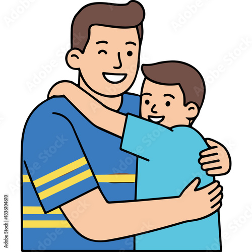 A Father And Son Embracing With Joyful Expressions In A Warm Affectionate Hug Representing Family Love And Connection On A Simple Background