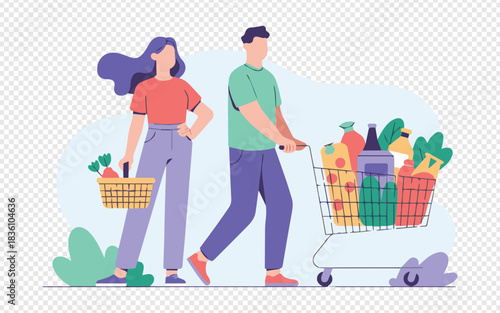 Couple happily shopping for groceries together, filling their cart with healthy food and enjoying a vibrant lifestyle, promoting wellness and connection
