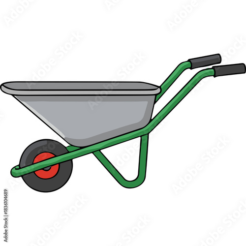 A gray metal wheelbarrow with green handles and frame and a red and black wheel isolated on a black background symbolizing garden work and construction projects