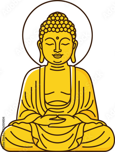 Stylized Buddha in golden robes with halo, vector illustration for mindfulness, spiritual enlightenment, and editorial content on peace and meditation