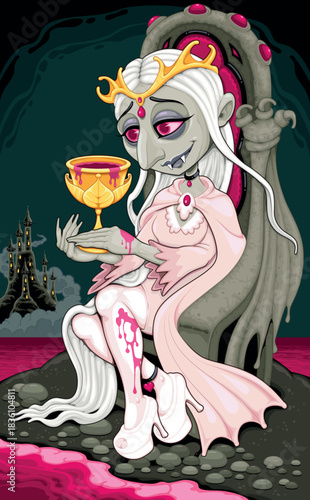 Horror cartoon version of the Queen of Cups. Vector illustration.

