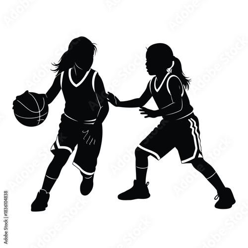 Silhouette of two young girls playing basketball on a white background.