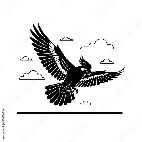 Black cockatoo silhouette flying over a simple horizon line