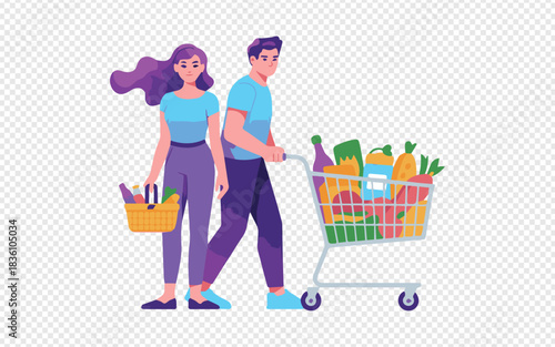 Couple enjoys grocery shopping with fresh produce and healthy food in a colorful flat design, promoting a modern lifestyle and wellbeing through nutrition