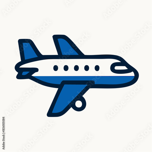 A blue and white airplane icon depicted in a simple, cartoonish style with visible windows and landing gear.
