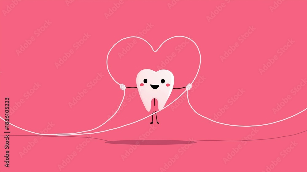 Obraz premium Cartoon tooth character holds dental floss on pink background for oral health theme