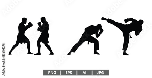 Dynamic martial arts fighters training in silhouette for fitness and health