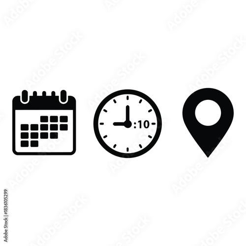 Calendar, clock and map marker icons representing time, date, and location planning