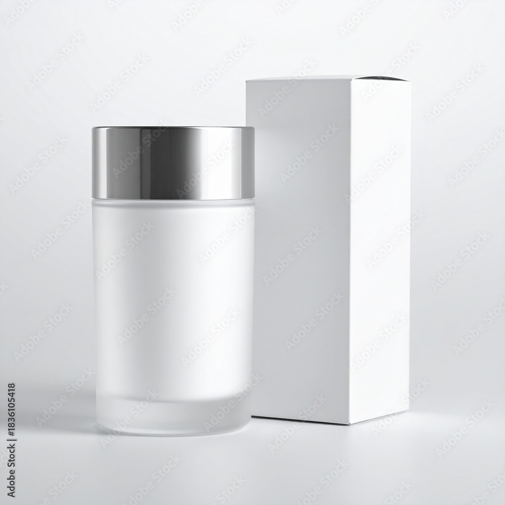 custom made wallpaper toronto digitalMinimalist product shot of a frosted jar with a silver lid and a white box.