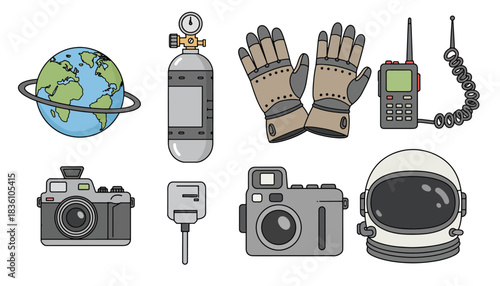 astronaut helmet gloves oxygen tank earth globe cameras