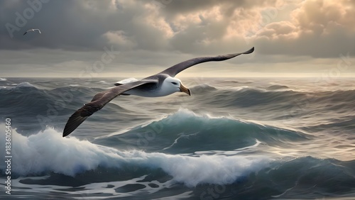 Seagull flying over the ocean waves with dynamic motion and natural lighting emphasizing the bird in the open water environment