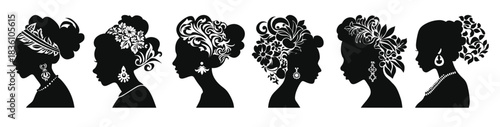 women profile with floral hair silhouette vector set