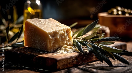 Parmesanstück mit Olivenzweigen in warmem mediterranem Licht
