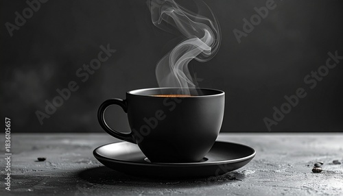 Aromatic Hot Coffee Steaming in a Black Cup on a Dark Minimalist Background for a Cozy Moment