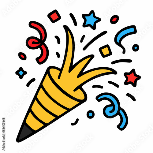 Cartoon illustration of a party popper exploding with confetti and streamers in red, blue, and yellow colors.