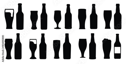 Beer Bottle and Glass Icon Set - Brewery Silhouettes, Alcohol Beverage Vector Collection