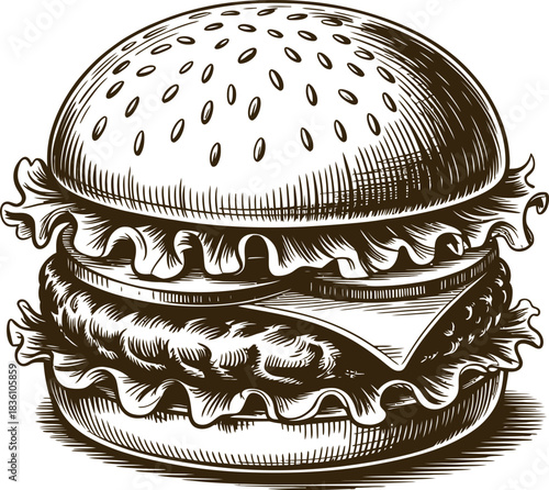 Vintage engraving woodcut burger vector illustration art design