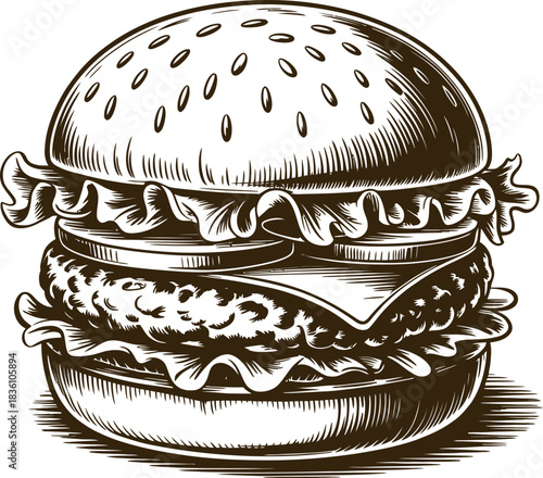 Vintage engraving woodcut burger vector illustration art design