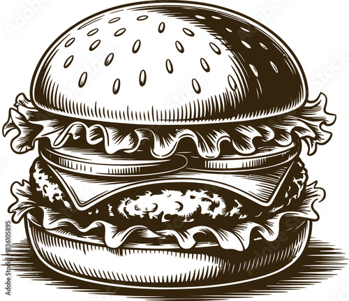Vintage engraving woodcut burger vector illustration art design