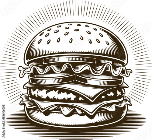 Vintage engraving woodcut burger vector illustration art design