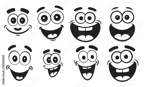 black and white cartoon faces with expressive eyes and wide 