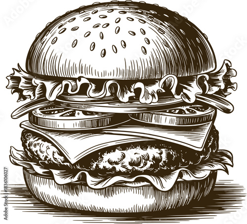 Vintage engraving woodcut burger vector illustration art design