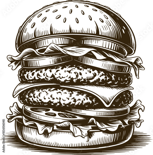 Vintage engraving woodcut burger vector illustration art design