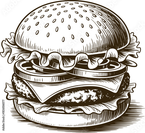 Vintage engraving woodcut burger vector illustration art design
