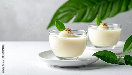 Creamy Lychee Dessert Elegantly Presented in Glasses with Fresh Green Leaf Garnish
