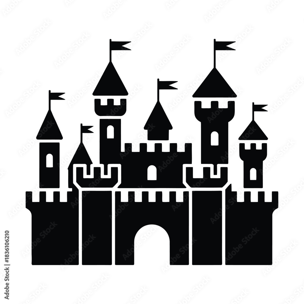 Obraz premium Silhouette vector image of a black medieval castle with towers, on white background.