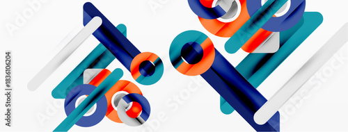 Abstract geometric composition. Rectangles, cylinders intersect creating dynamic visual effect. Bright colors dominate white background.