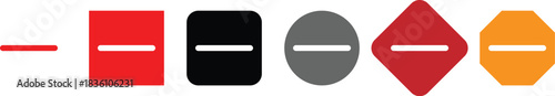 Minus remove icon set , stop sign. Graphic symbol for subtraction, removal, negative, or do not enter concept. horizontal line, dash inside a circle in outline and solid for delete actions, Minus Sign