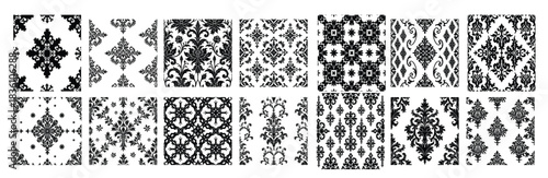 Black damask floral patterns and ornamental designs on white
