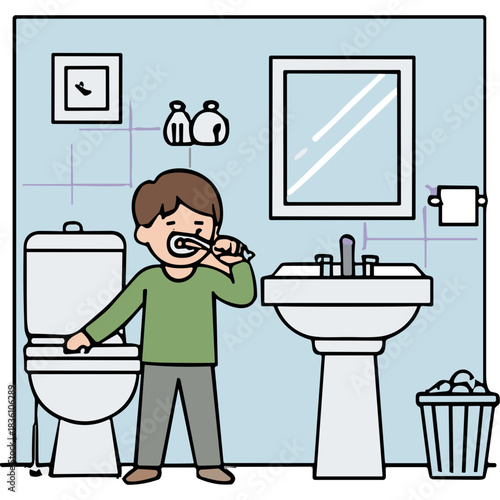 Young Boy Brushing Teeth In A Light Blue Tiled Bathroom With A White Toilet Sink And Mirror Over A Trash Can