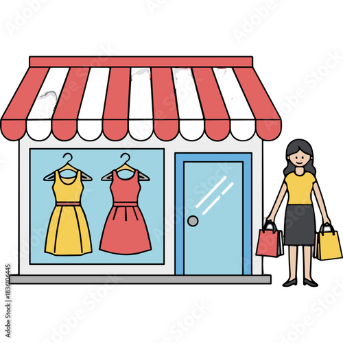Woman with Shopping Bags Standing Next to a Clothing Store Displaying Two Dresses a Yellow Dress and a Red Dress Under a Red and White Striped Awning on a Sunny Day