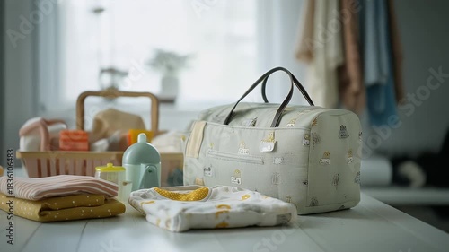 Soft Light Illuminates Baby Essentials Soft Fabric Bag And Folded Clothes On Table In A Room