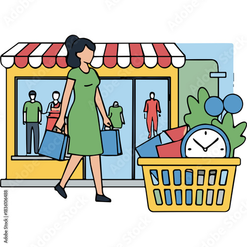 Woman with Shopping Bags Walks Past Store Display with Mannequins in Green Dress and Basket Full of Items Next to Clock and Glasses