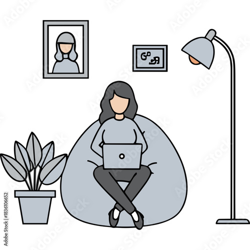 Woman Working Remotely From A Beanbag Chair With A Laptop In A Cozy Living Room Setting With Floor Lamp And Potted Plant