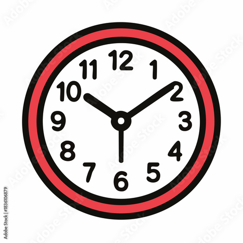 A simple clock face with black hands showing ten past ten, set against a white background. The clock has a red border.