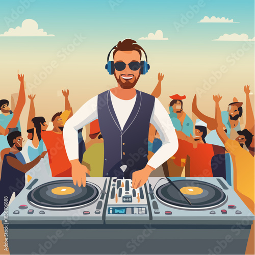 Disc jockey en train d'animer une soirée et e mixer un morceau de musique, platines vinyles, la foule en arrière plan qui danse, joyeux, musique, fête, coloré, positif