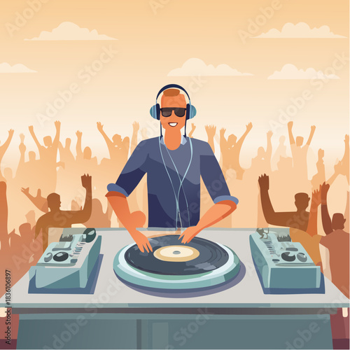 Disc jockey en train d'animer une soirée et e mixer un morceau de musique, platines vinyles, la foule en arrière plan qui danse, joyeux, musique, fête, coloré, positif