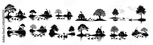 Black silhouette collection of rural houses trees and ducks on water