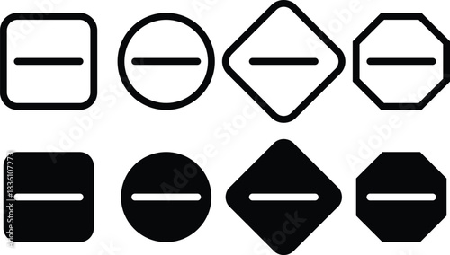 Minus remove icon set , stop sign. Graphic symbol for subtraction, removal, negative, or do not enter concept. horizontal line, dash inside a circle in outline and solid for delete actions, Minus Sign