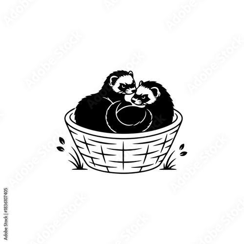 Two ferrets climbing branch minimal line art concept