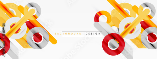 Abstract geometric shapes overlap, creating dynamic visual effect. Yellow, red, silver tones dominate white space. Modern design element.