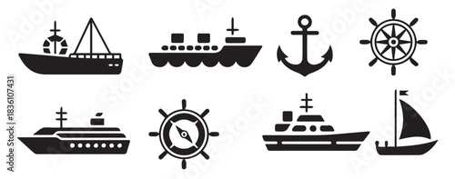black silhouette of sea transport collection featuring