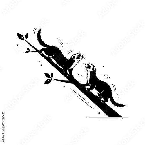 Playful ferrets interacting with minimal rocks rendered in vector art
