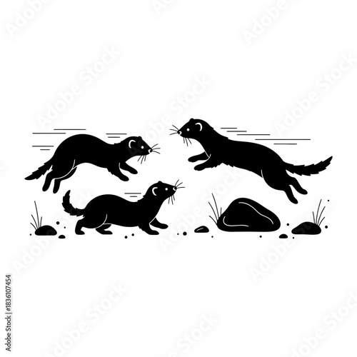 Minimalist illustration of three ferrets playing amongst rocks