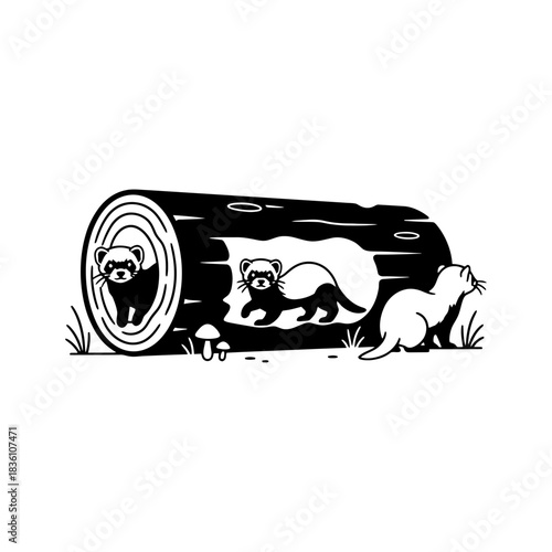 Ferrets exploring hollow log vector illustration for adventure concept