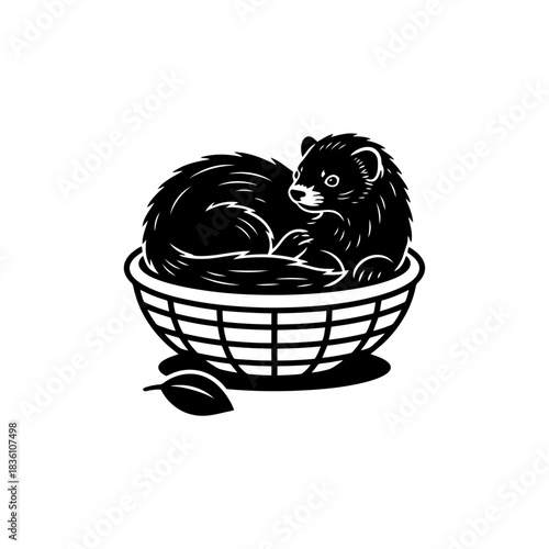 Ferret silhouette sniffing a minimal leaf curious nature concept